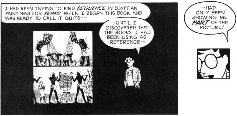 Comic panels of Egyptian Art and then author saying he was shown only part of the picture