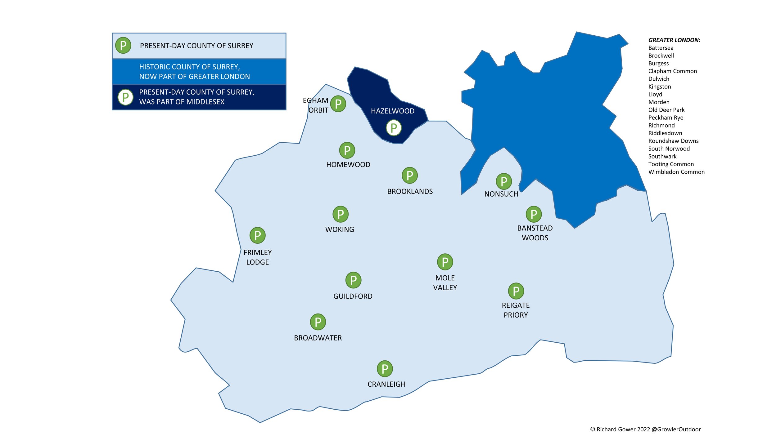 map of parkruns in surrey